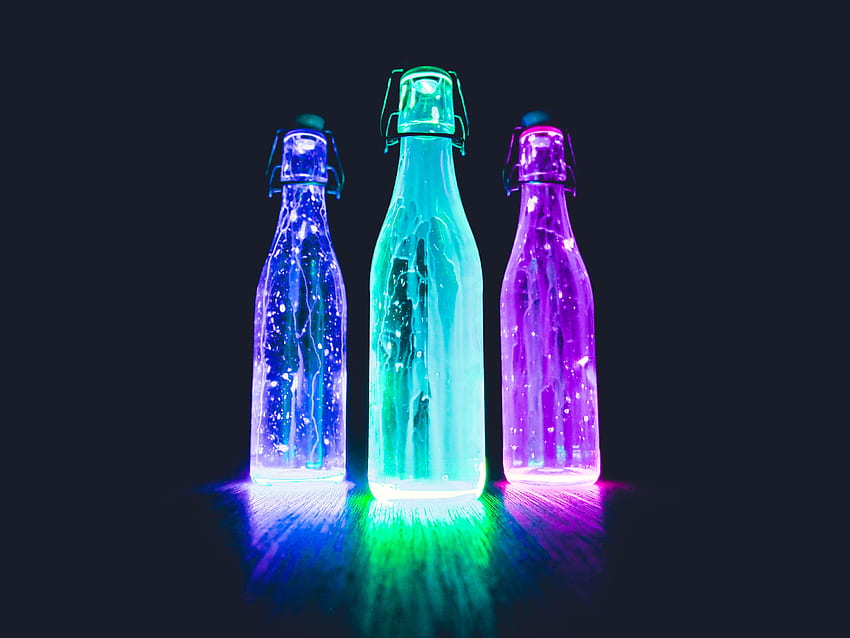 Neon, Shine, Light, Miscellanea, Miscellaneous, Liquid, Bottle, Bottles Wallpaper HD