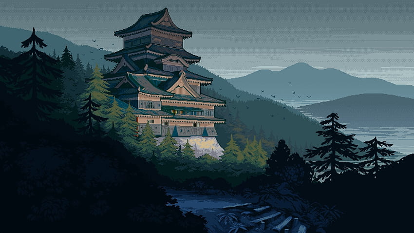 Casa Japonesa, Edificio Histórico, Pixel Art, Montaña para iMac 27 pulgadas fondo de pantalla