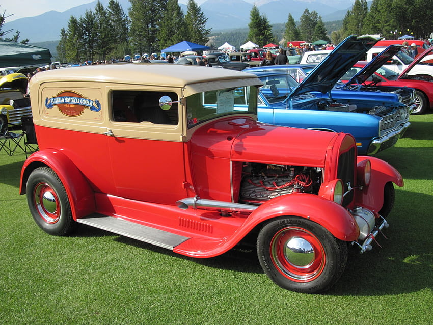 1928 модел A - камион Ford, синьо, фарове, графика, бежово, черно, трева, зелено, червено, дървета, гуми, камион, Ford HD тапет
