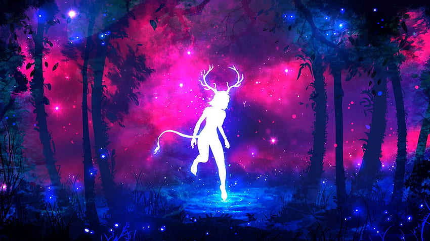 Jungle, Forest, Horns, Fantasy girl, Neon colors HD wallpaper