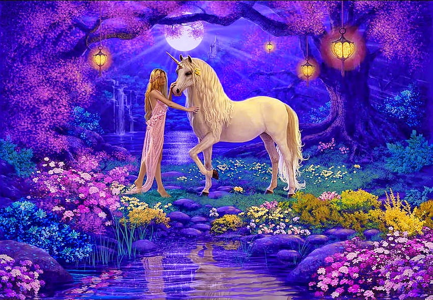 Magiczna przyjaźń, noc, niebieski, koń, dziewczyna, fioletowy, różowy, księżyc, fantazja, kwiat, jednorożec, luna, luminos, woda Tapeta HD