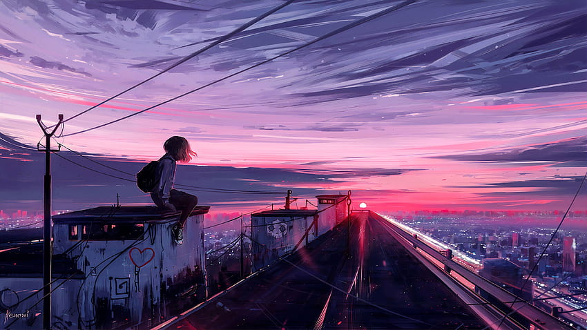 アニメの風景、都市の景観、風光明媚な、日没、ピンクの風景アニメ 高画質の壁紙