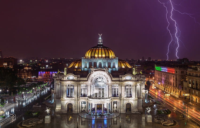 lights, Mexico, lightning, night, people, Mexico City, Palace of Fine Arts for , section город, Beautiful Mexico City HD wallpaper