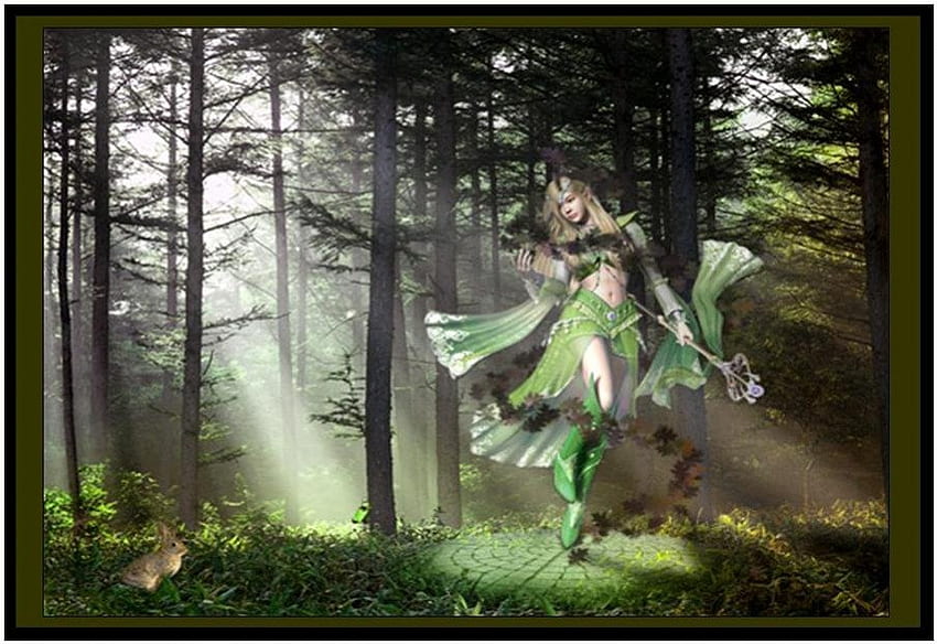 Spring Magic, dancing fairy, wand, sunlight, woodland, rabbit HD wallpaper