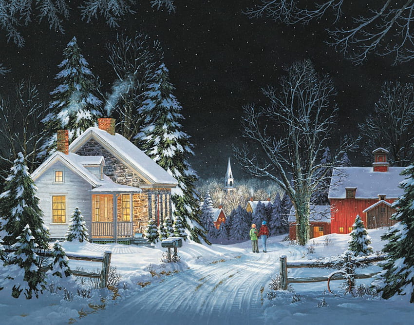 By Fred Swan, winter, painting, art, nature, fred swan, cottage HD wallpaper