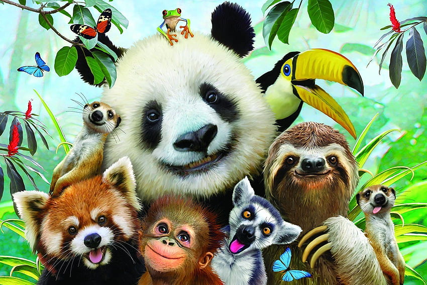 Selfie, animal, monkey, bird, cute, howard robinson, toucan, fantasy, red panda, bear, lemur, funny, luminos, tongue, panda HD wallpaper
