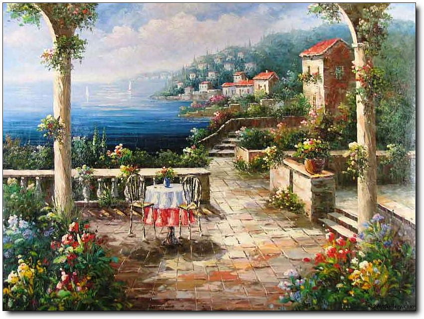 A Mediterranian View, table, villas, painting, plants, mediterranean sea, terrace HD wallpaper