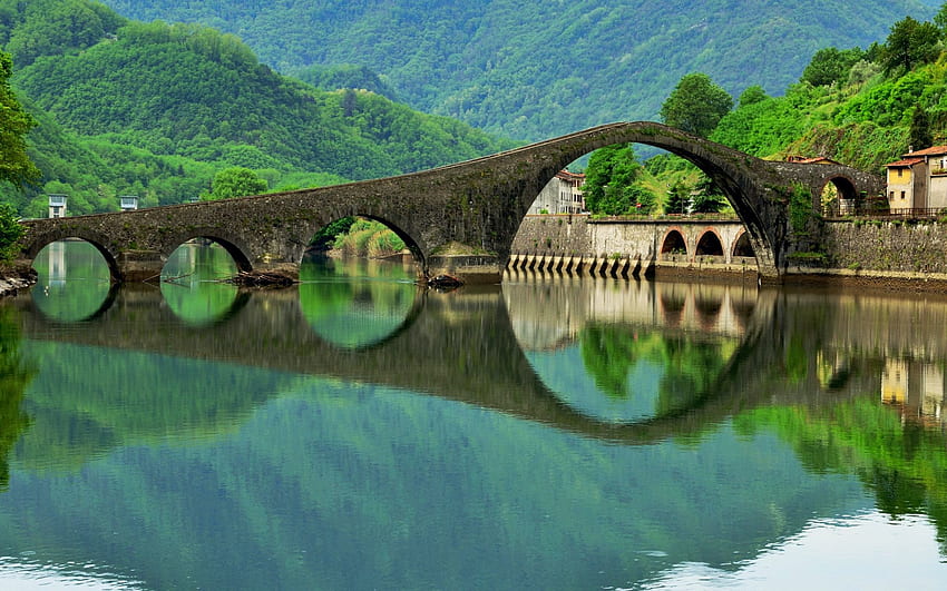 Ponte della Maddalena (or the Devil's Bridge), Tuscany, Italy, nature, water, reflections, river, hills, forest HD wallpaper