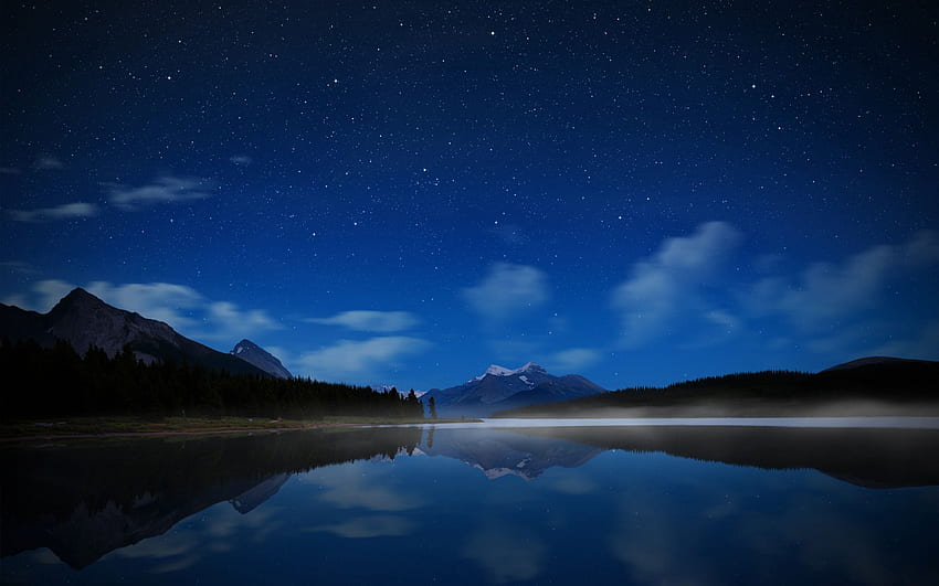 night, lake, stars, water smooth, Calm Water HD wallpaper