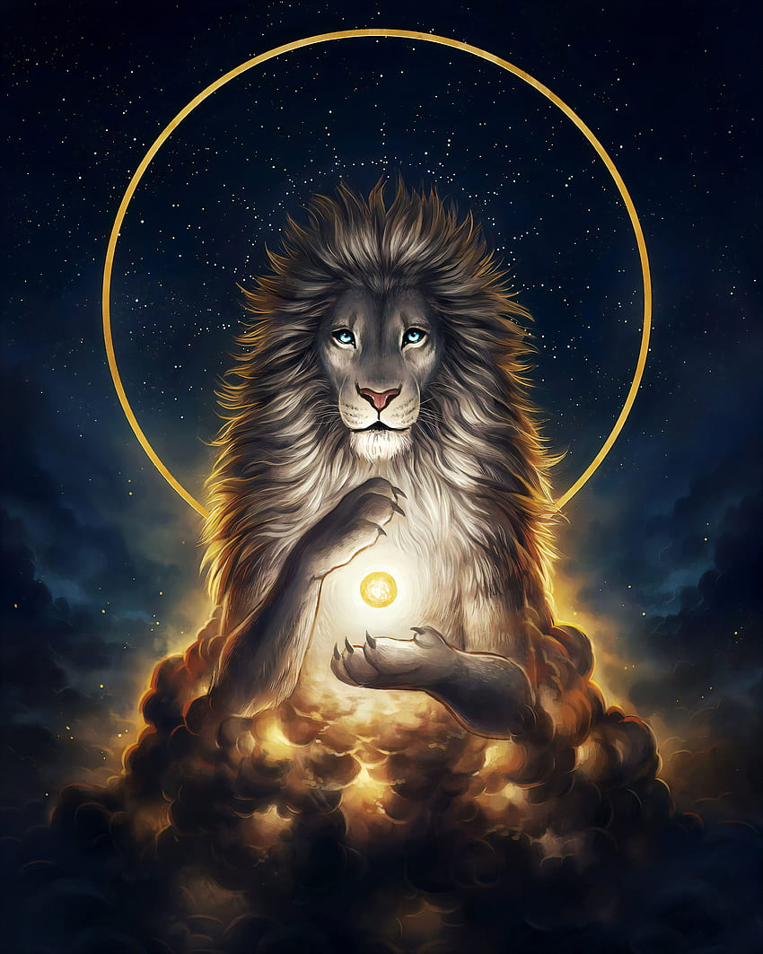 Lion with sun and halo , lion, white lion, white hair, blue eyes HD phone wallpaper