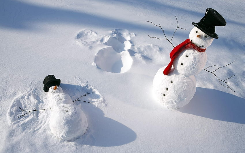 Funny snowmen play in the snow - white winter HD wallpaper