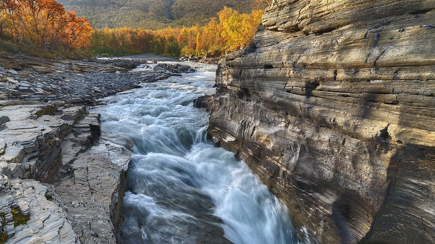 rapid flowing abisko river in sweden, river, gorge, rapid, autumn, rocks, forest HD wallpaper