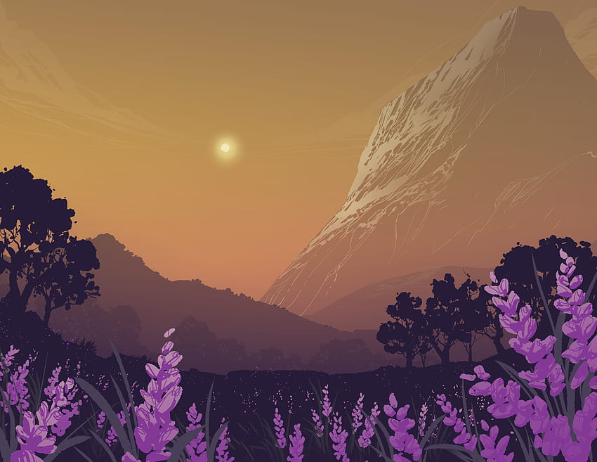 Landschaft, Blumen, Bäume, Kunst, Berge, Sonne, Vektor, Lavendel HD-Hintergrundbild