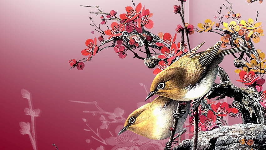 Uccelli dell'Asia, estate, uccelli, sakura, asiatico, orientale, fiori, primavera, tema Firefox Persona Sfondo HD