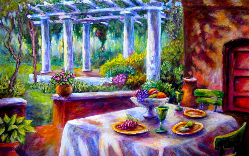 FREIZEIT & VERGNÜGEN, Freizeit, Stuhl, Tisch, Malerei, Garten, Früchte HD-Hintergrundbild