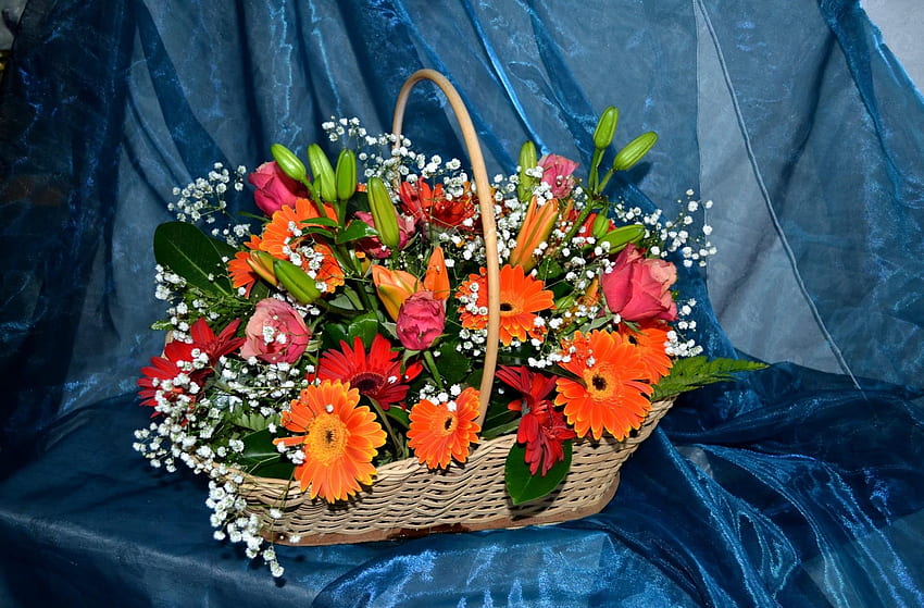 Flowers, Roses, Lilies, Gerberas, Cloth, Gypsophilus, Gipsophile, Basket, Composition HD wallpaper