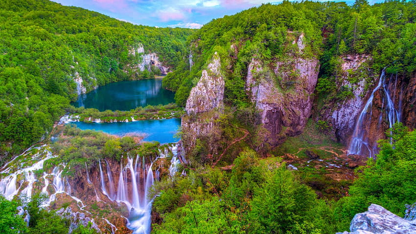 Plitvice Waterfalls, Slovenia, trees, cascades, sky, mountains, rocks HD wallpaper