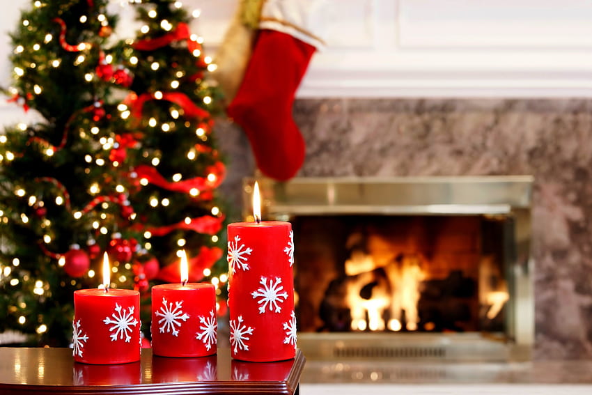 ☆*Christmas atmosphere*☆, Happy New Year, fireplace, tree, Candles, lights, Holiday, Merry Christmas, decorations, fire, Happy New Christmas HD wallpaper