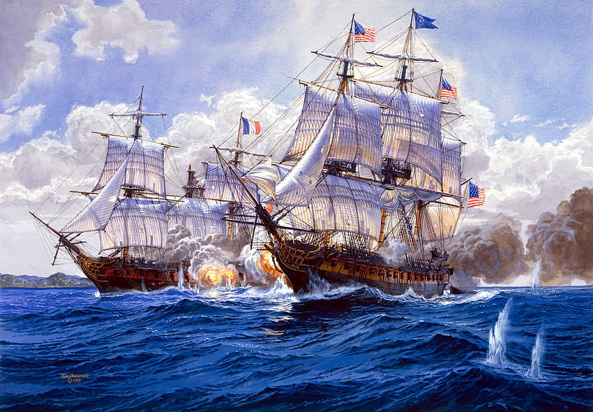 Art fleet painting High Sea&;s Diplomacy ships sea battle volleys guns explosions . HD wallpaper