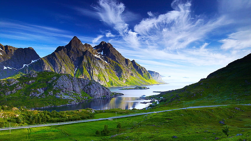 Belleza natural nórdica, mar, limpio, hierba, belleza, aire, prístino, fresco, naturaleza, cielo, montañas, agua fondo de pantalla
