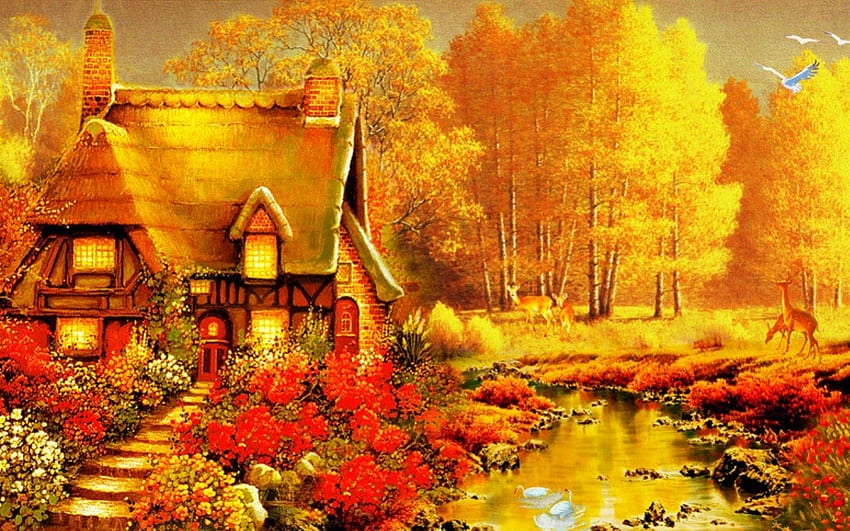 Autumn, art, painting, house HD wallpaper