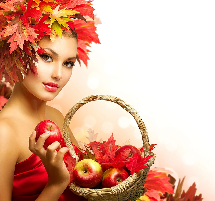 Piękno, modelka, dziewczyna, anna subbotina, kobieta, kosz, czerwień, owoc, jesień, jabłko, liść Tapeta HD