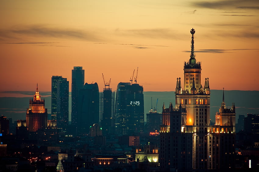Kota, Matahari Terbenam, Moskow, Lampu Wallpaper HD