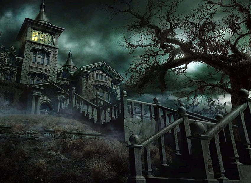 Scary House , Scary, House, Trees, Fence, Steampunk, Cemetary, Sky HD wallpaper