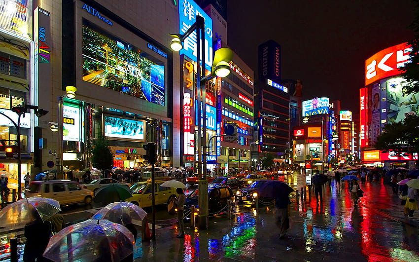 โตเกียว กลางคืน ฝนตก รถติด ชินจูกุ ร่ม คนเดินเท้า โตเกียวตอนกลางคืน วอลล์เปเปอร์ HD