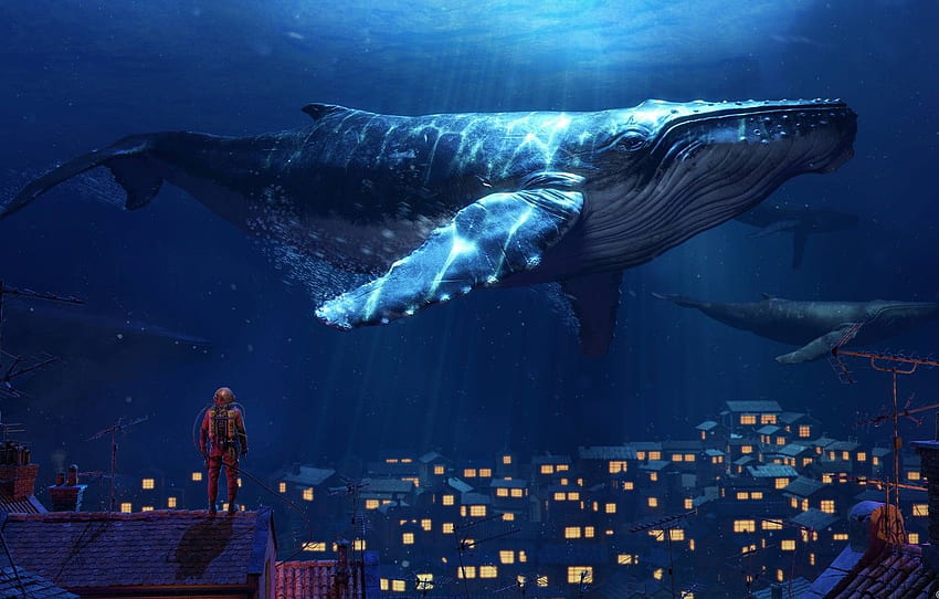 Home, The ocean, Sea, The city, Kit, Whales, Fantasy, Art, Water, Underwater, Under water, Ocean, Sea, Animal, Whale, Environments for , section фантастика HD wallpaper