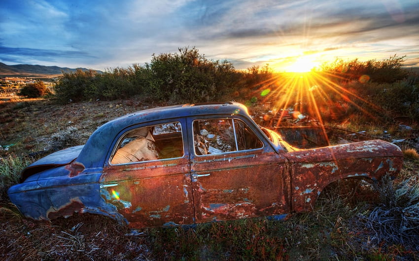 old rusted wreck of a car at sunrise r, wreck, old, field, car, rusted, bushes, r, sunrise HD wallpaper