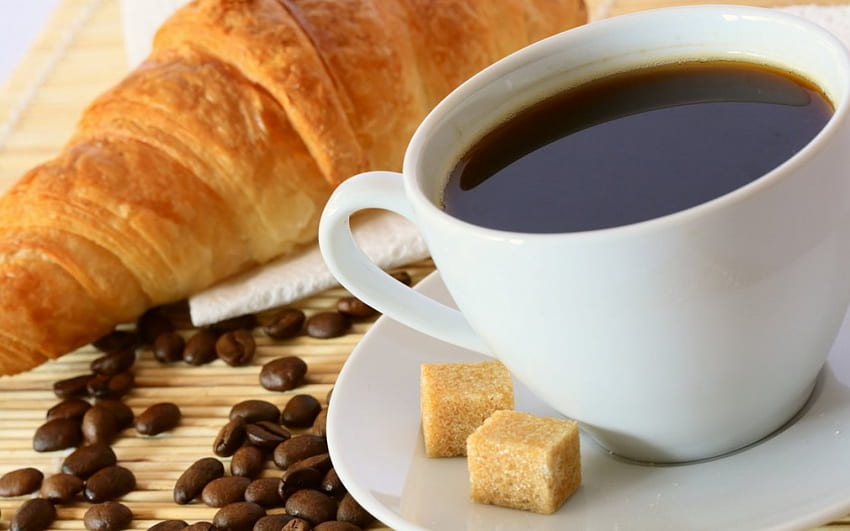Bom dia, croissant, açúcar, café, copo, comida papel de parede HD