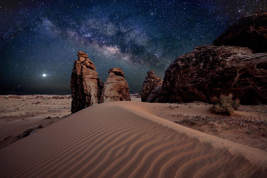 Milky Way, desert, stars, stones, sand City, nature HD wallpaper