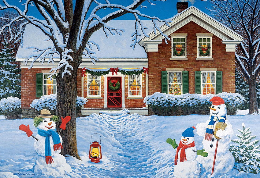 The Greeters, house, snow, winter, painting, snowmen, tree HD wallpaper
