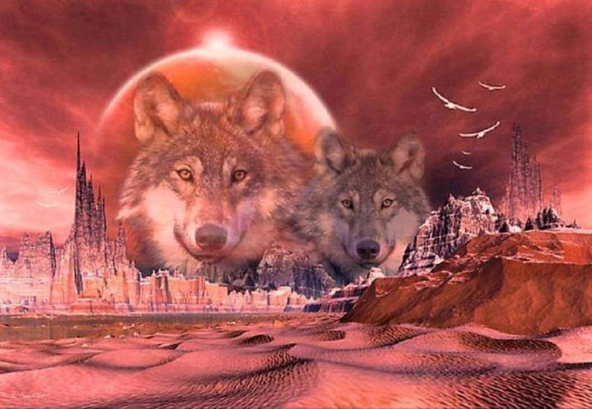 Spirits of the Wolves, Spirits, Wolves, animals, Moon, nature, Sky HD wallpaper