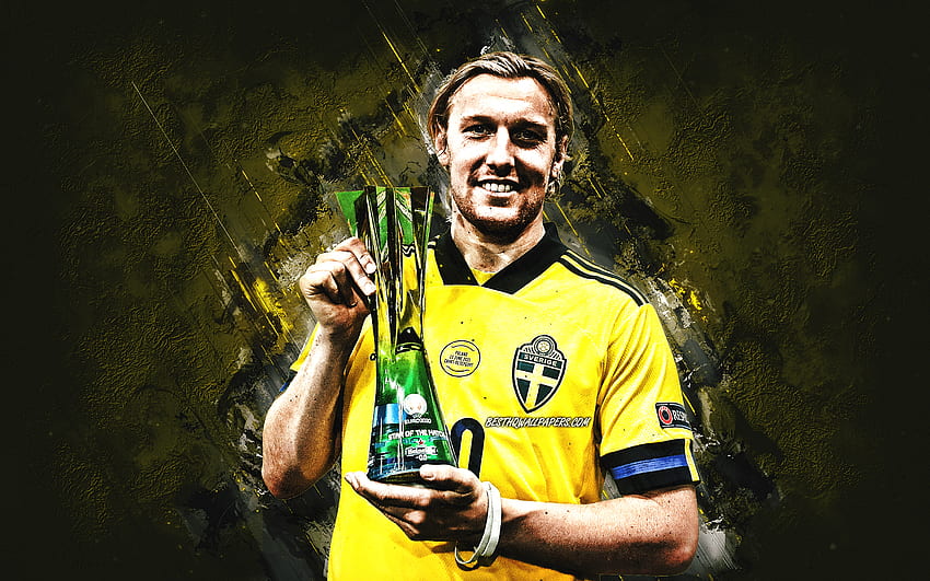 Emil Forsberg, reprezentacja Szwecji w piłce nożnej, szwedzki piłkarz, żółte kamienne tło, piłka nożna, sztuka grunge Tapeta HD