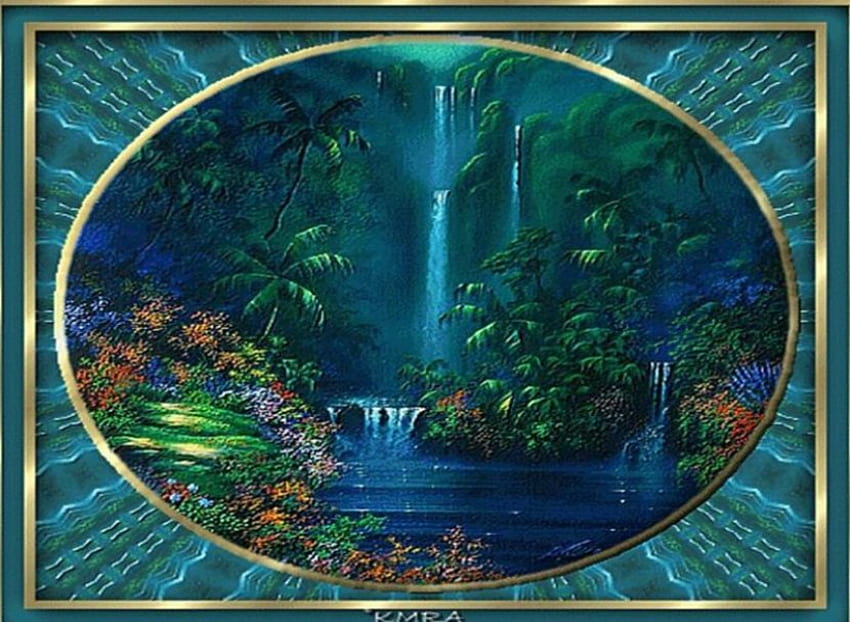 Tropischer Wasserfall, Palmen, Malerei, tropisch, Rahmen, Wasserfall HD-Hintergrundbild