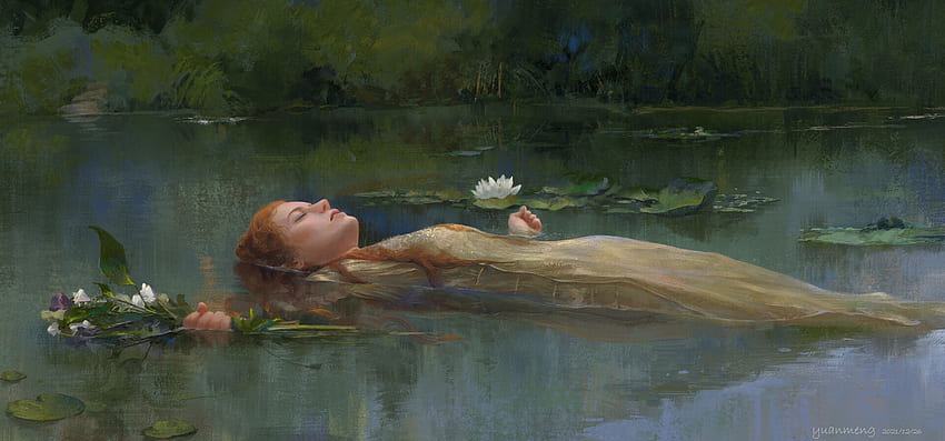 Ophelia, Meng Yuan, Fantasie, Kunst, Blume, Mädchen, Wasser HD-Hintergrundbild