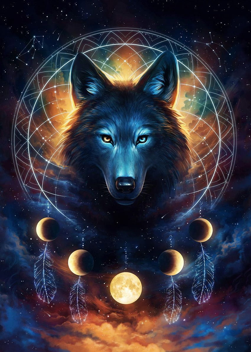 Отпечатан плакат на Dream Catcher Wolf от Йонас Йодике. Displate. Рисунки на животни, фантастичен вълк, духовно животно вълк HD тапет за телефон
