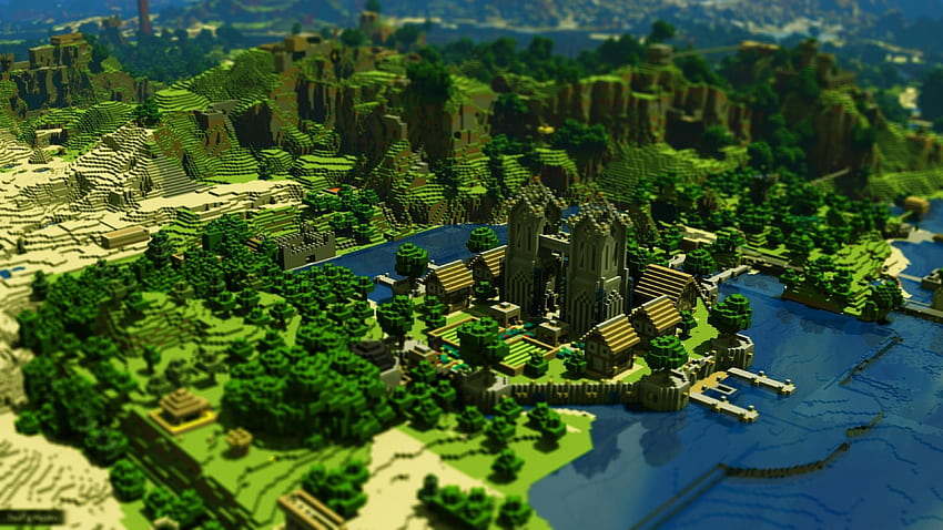 ... Background Ultra . minecraft, trees, houses, mountains, water HD wallpaper