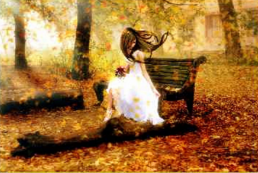 Autumn Lady in Park Bench, art, fall, autumn, lovely, woman, park HD wallpaper