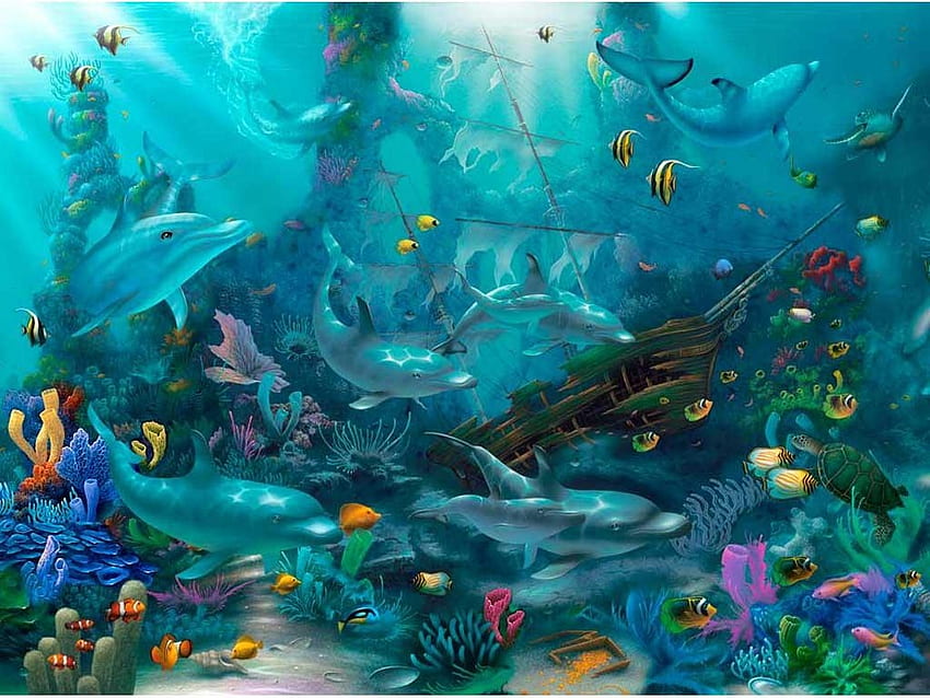 Underwater, blue, summer, fantasy, fish, luminos, dolphin HD wallpaper