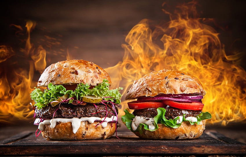 Fire, Hamburger, Vegetables, Two, Food, Fast food for , section еда, Junk Food HD wallpaper