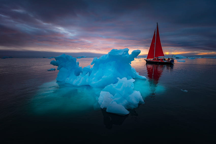 Гренландия, море, платно, кораб, небе HD тапет