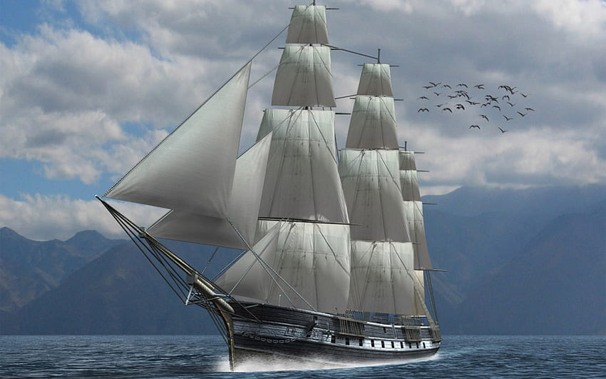 Ветроходство-Кораб, синьо, ветроходство, кораб, океан HD тапет