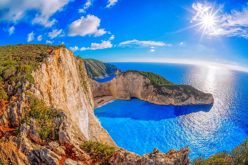 Navagio beach, rays, sea, coast, navagio, Greece, bay, Zakynthos, beach, summer, sky, sun HD wallpaper