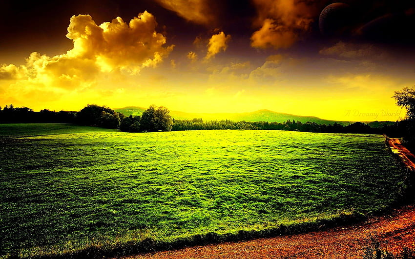 LAWNED FIELD, field, green, clouds, road, nature, country HD wallpaper