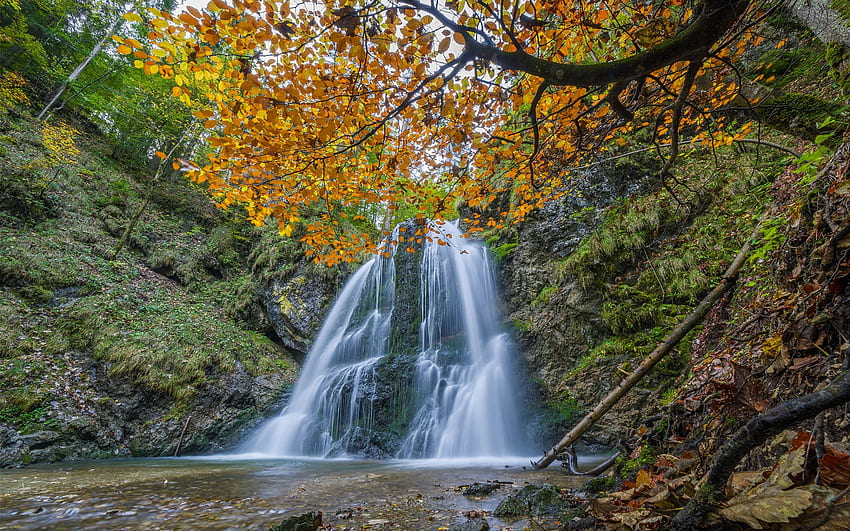 Josefsthaler Waterfalls, mountain waterfall, Hachelbach Stream, forest, autumn, beautiful waterfall, Bavaria, Germany HD wallpaper
