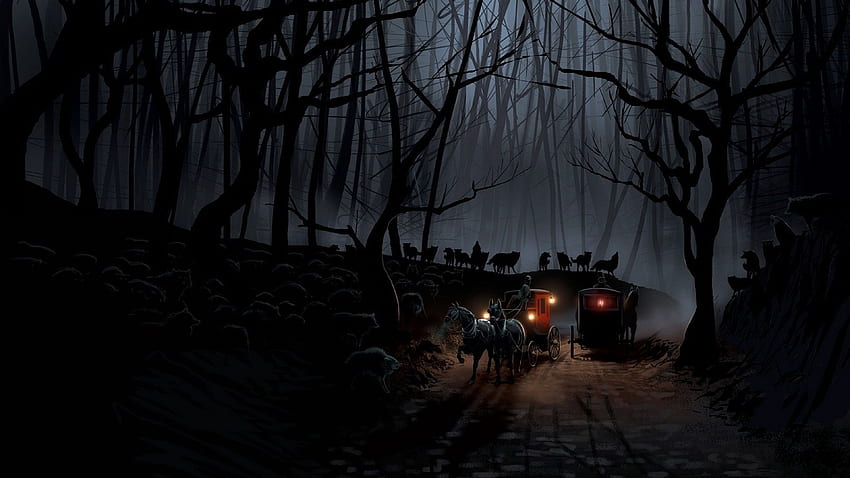 Entrenadores noche bosque lobos tripulación camino fantasía lobo oscuro., Dark Forest Road grande fondo de pantalla