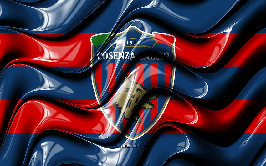 コゼンツァ FC の旗、赤と青の 3 D 波、セリエ A、イタリアのサッカー クラブ、コゼンツァ カルチョ サッカー、コゼンツァのロゴ、サッカー、コゼンツァ FC 高画質の壁紙